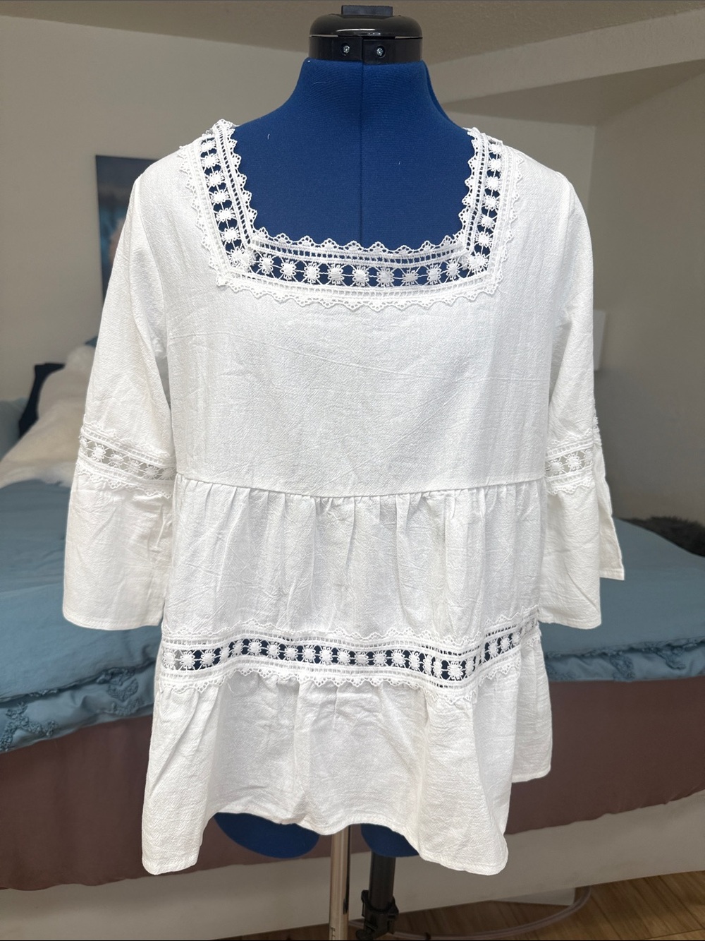 White Lace-Trim Peasant Top - Women